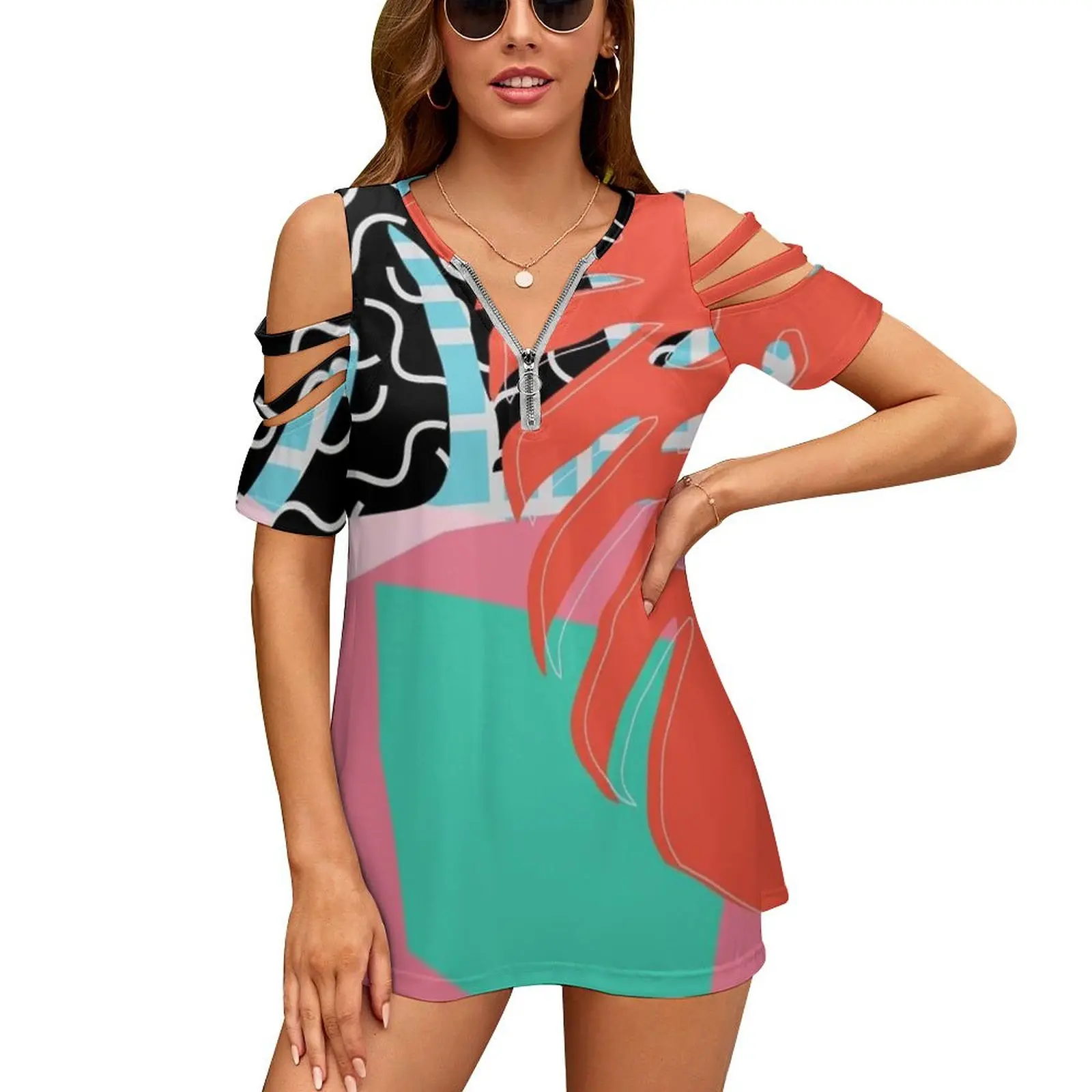 

Мемфис ладонь/абстрактный узор Мемфис тропический женская футболка Новая модная печатная молния V-образный вырез