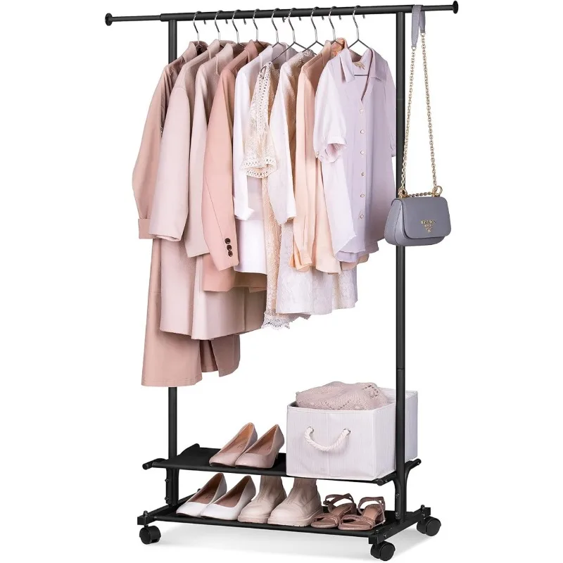 

2 Shelves Clothing Racks for Hanging Clothes Rolling Garment Rack with Wheels Portable Clothes Rack Metal Wardrobe Rack, Black