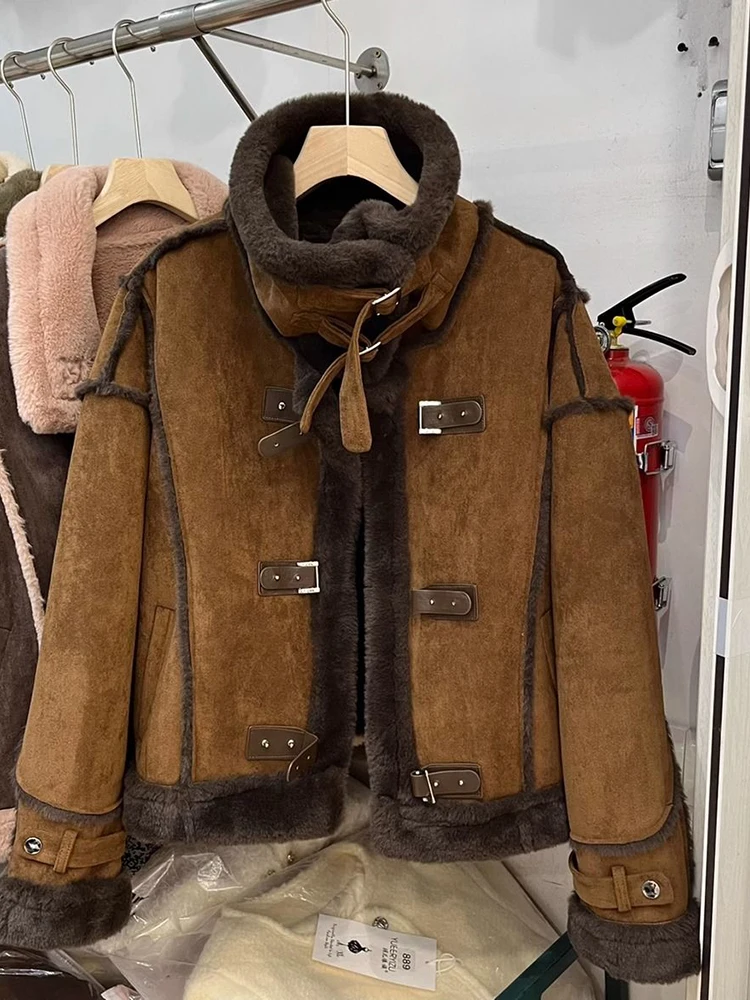 

Winter Sheepskin Coat Faux Fur Suede Leather Women Warm Lamb Shearling Jacket Zipper Moto Biker Long Sleeve Short Casual Outwear