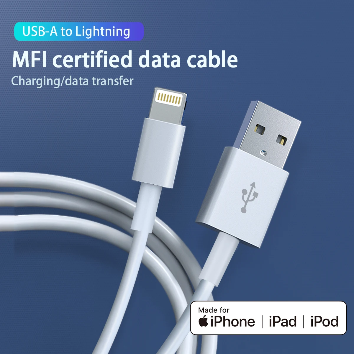 

White 3.3FT USB-A to Lightning ABS Charger Cable MFi Certified Charger for Apple iPhone 14 13 12 11 X Xs Pro Max Plus iPad