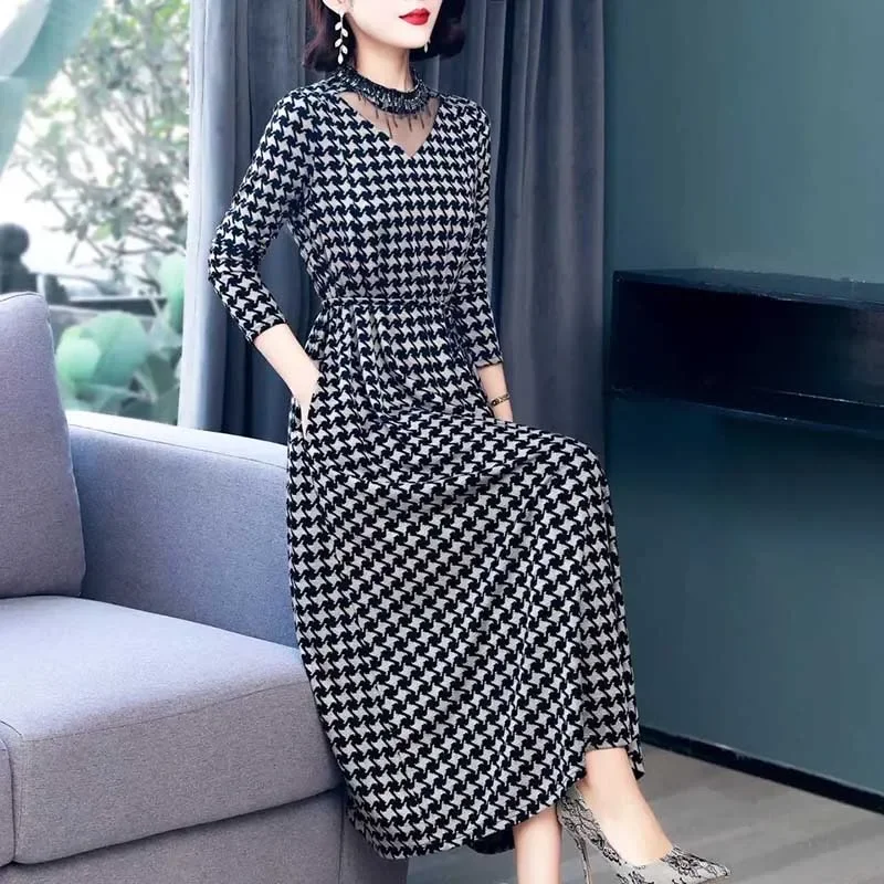 

Elegant Diamonds Hollow Out Bandage Houndstooth Midi Dress Women's Clothing Autumn Winter Loose Office Lady Ladies Dresses CY146