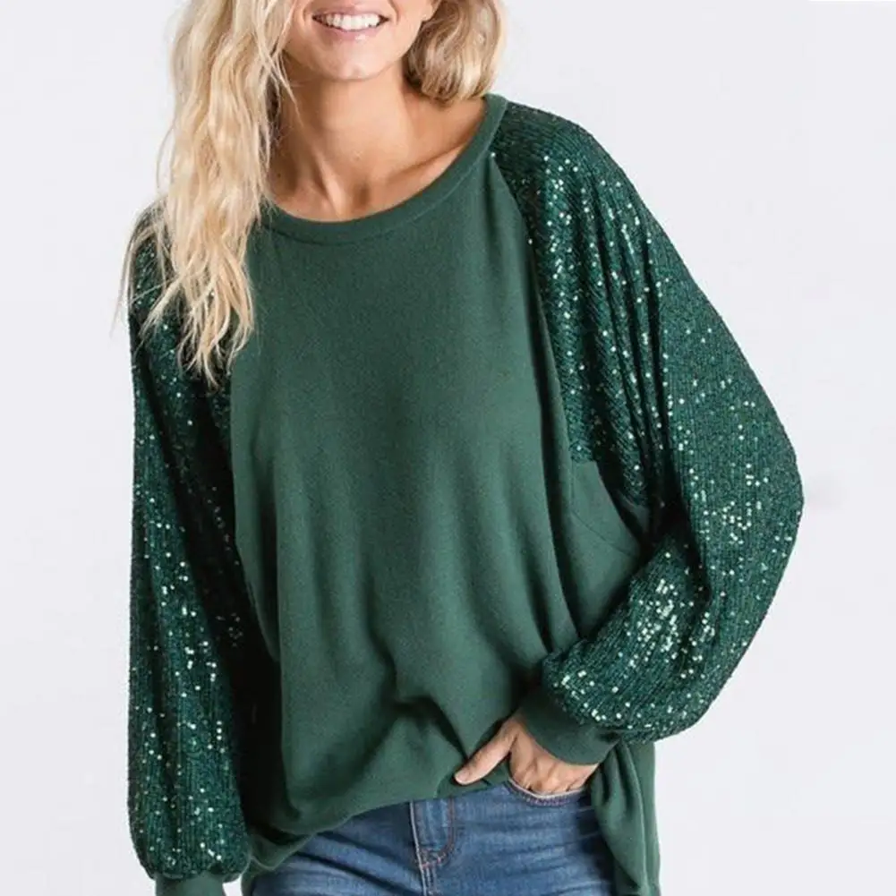

Women Spring Autumn Loose Fit Tops O-neck Sequin Patchwork Raglan Long Sleeve Blouse Solid Color Pullover Tops