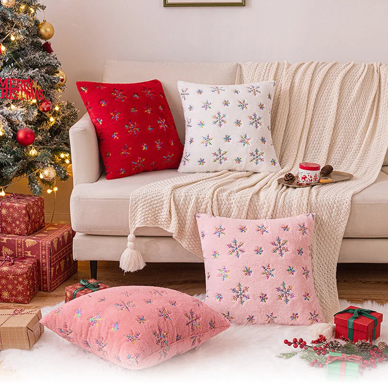 

Snowflake Sequins Colorful Plush Cushion Cover 45x45cm Nordic Christmas Light Luxury Throw Pillowcase Sofa Bed Home Decoration