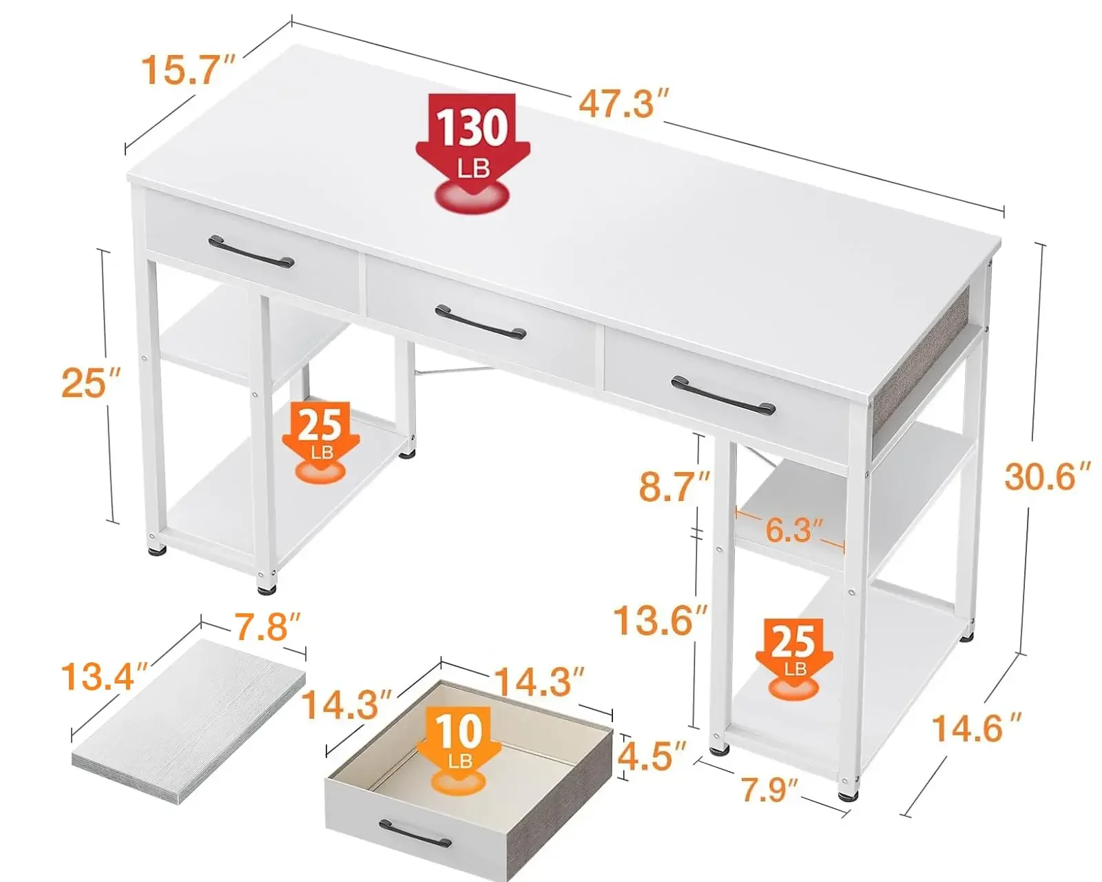 

ODK Office Small Computer Desk: Home Table with Fabric Drawers & Storage Shelves, Modern Writing Desk, White, 48"x16"