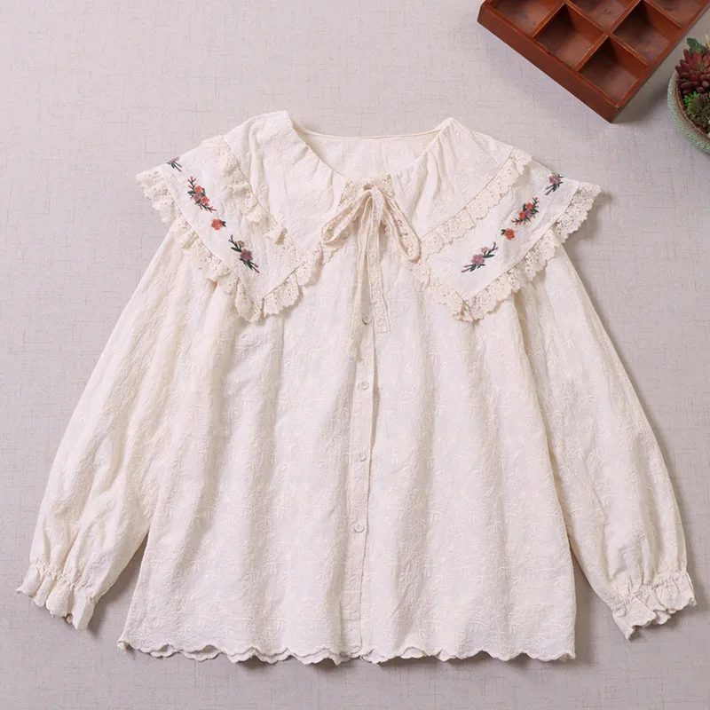 

Vintage Mori Girl Cotton Embroidery Sweet Peter Pan Collar Long Puff Sleeve Shirt Retro Chic Victorian Cottagecore White Blouse