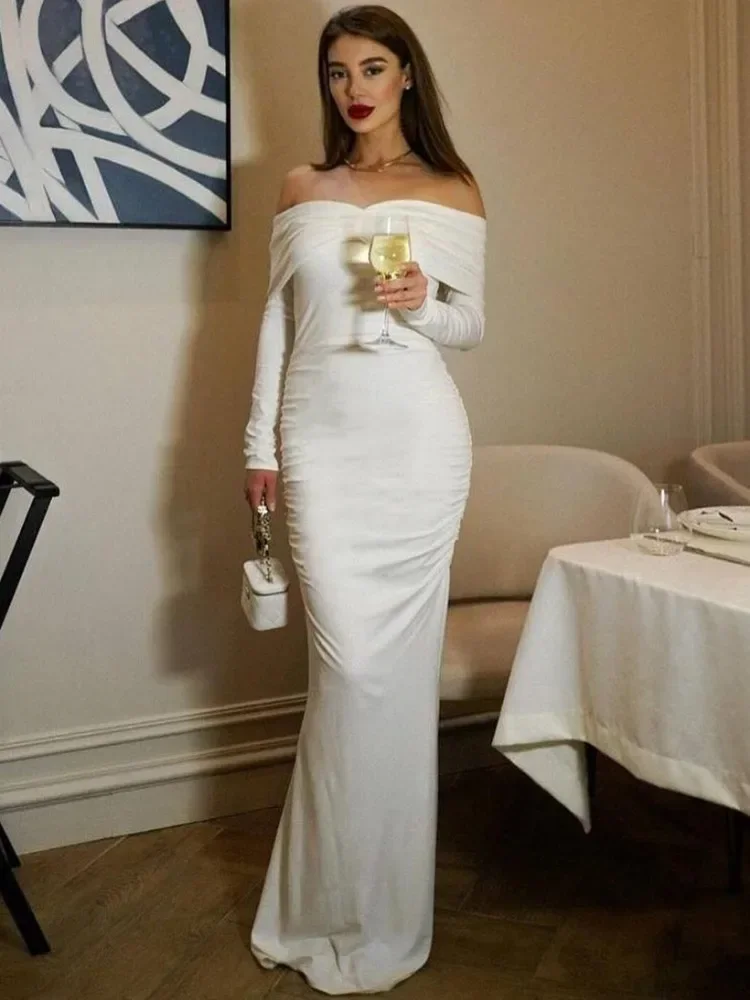 

Женское плиссированное платье макси, белое элегантное платье с открытыми плечами и высокой талией, лето 2024