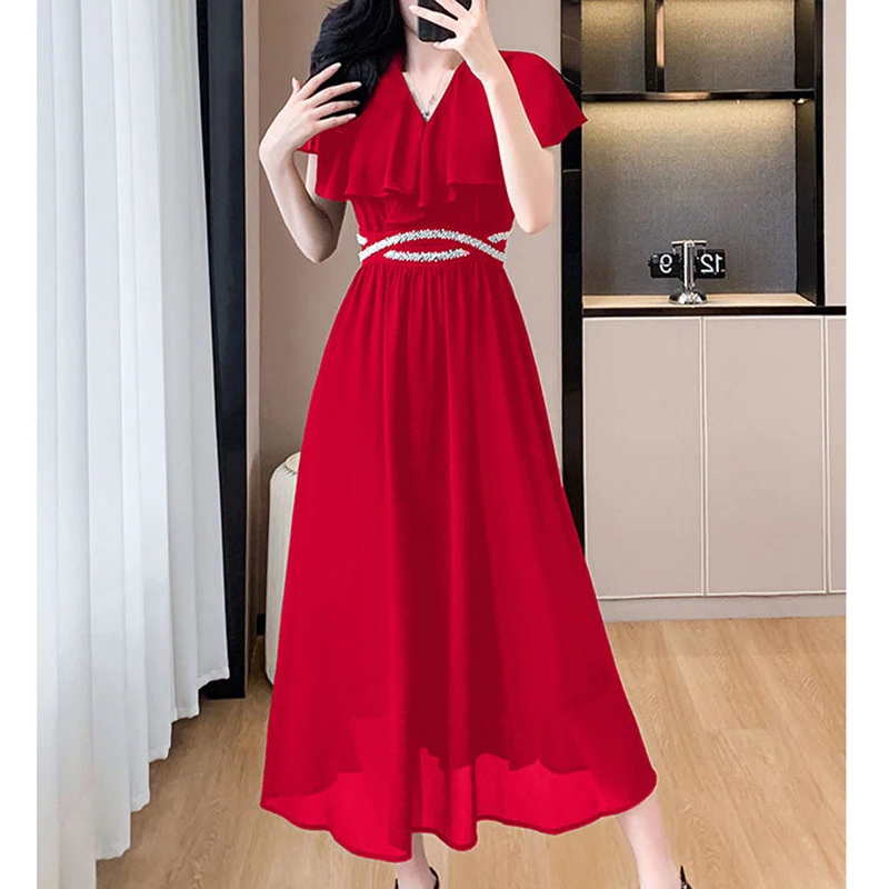

Elegant V-Neck Spliced Loose Folds Ruffles Beading Midi Dress Women's Clothing 2024 Summer New Solid Color Office Lady Princess