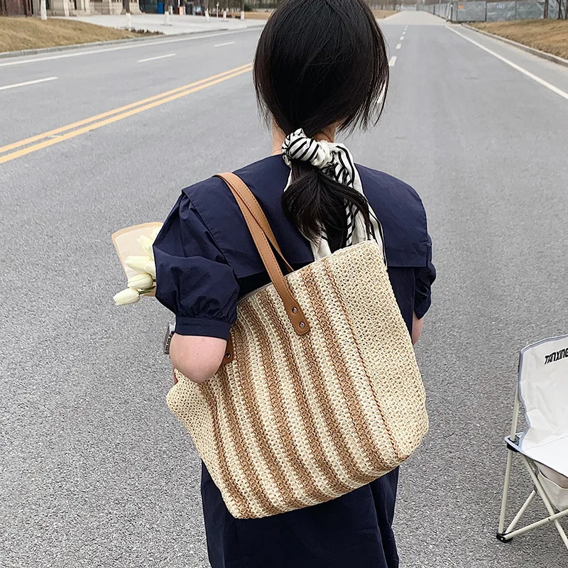 

Summer Straw Weaving Women's Shoulder Bag Casual Contrast Large Capacity Handbag for Women 2022 New Seaside Female Beach Bags