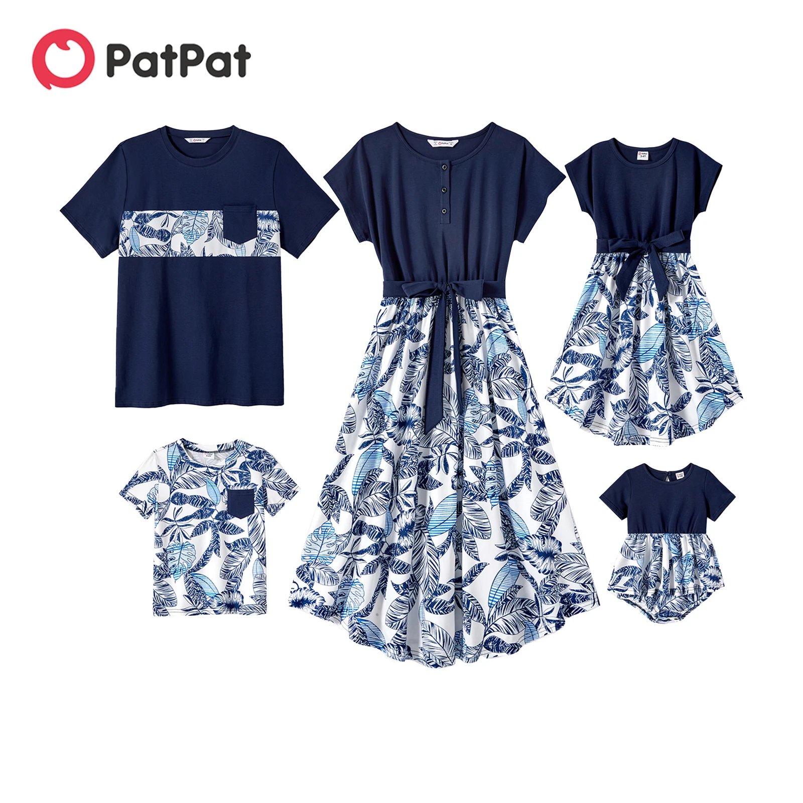

PatPat Family Matching Outfits 95% Cotton Allover Plant Print Short-sleeve Belted Spliced Dresses and T-shirts Family Look Sets