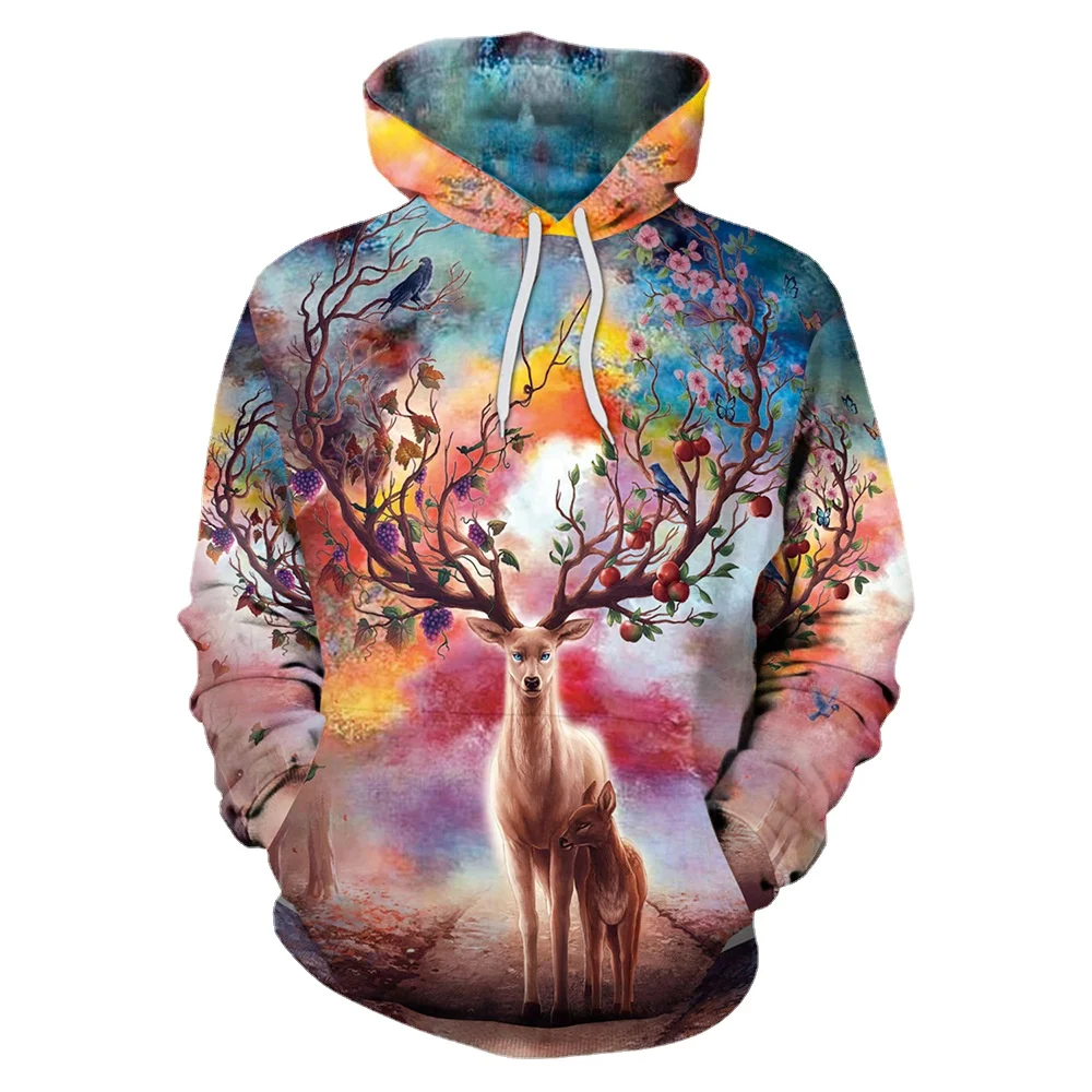 

New Harajuku Deer Prints Cosplay Men Hiphop Hooded Sweatshirts Casual Loose Women Workout Pocket Cosplay Lovers Hoodies