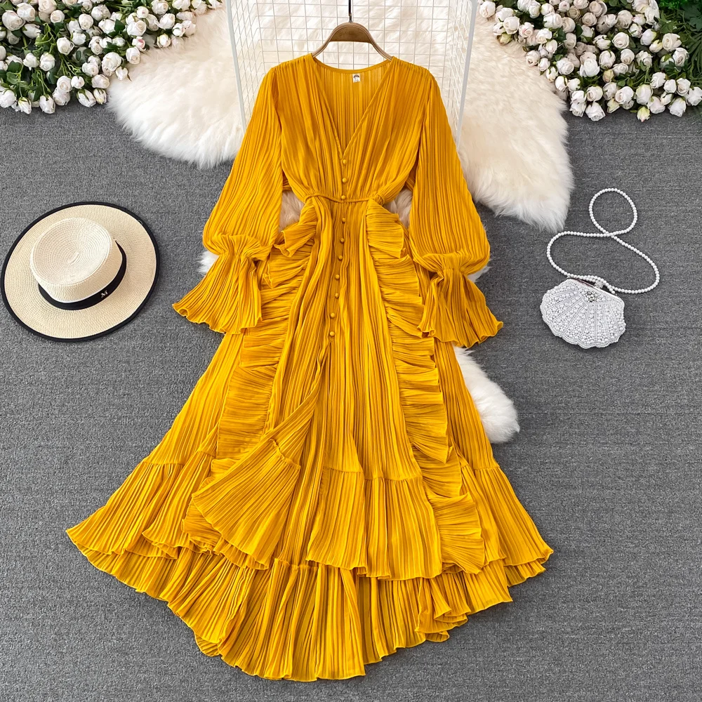 Fashion 2022 Summer Runway Long Lantern Sleeve Cascadding Ruffle Irregular Single Breasted Solid Beach Maxi Pleated Dress Women
Fashion 2022 Summer Runway Long Lantern Sleeve Cascadding Ruffle Irregular Single Breasted Solid Beach Maxi Pleated Dress Women