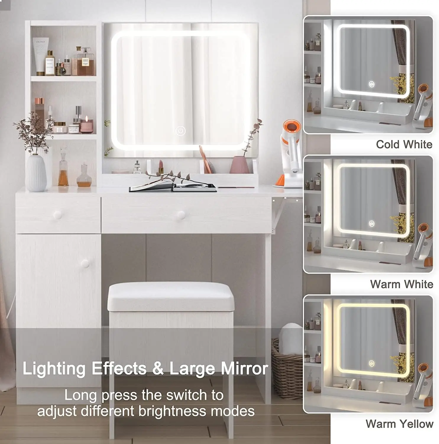 Vanity Desk with LED Lighted Mirror & Power Outlet, Makeup Table with Drawers & Cabinet,Storage Stool,for Bedroom, White 
Vanity Desk with LED Lighted Mirror & Power Outlet, Makeup Table with Drawers & Cabinet,Storage Stool,for Bedroom, White
