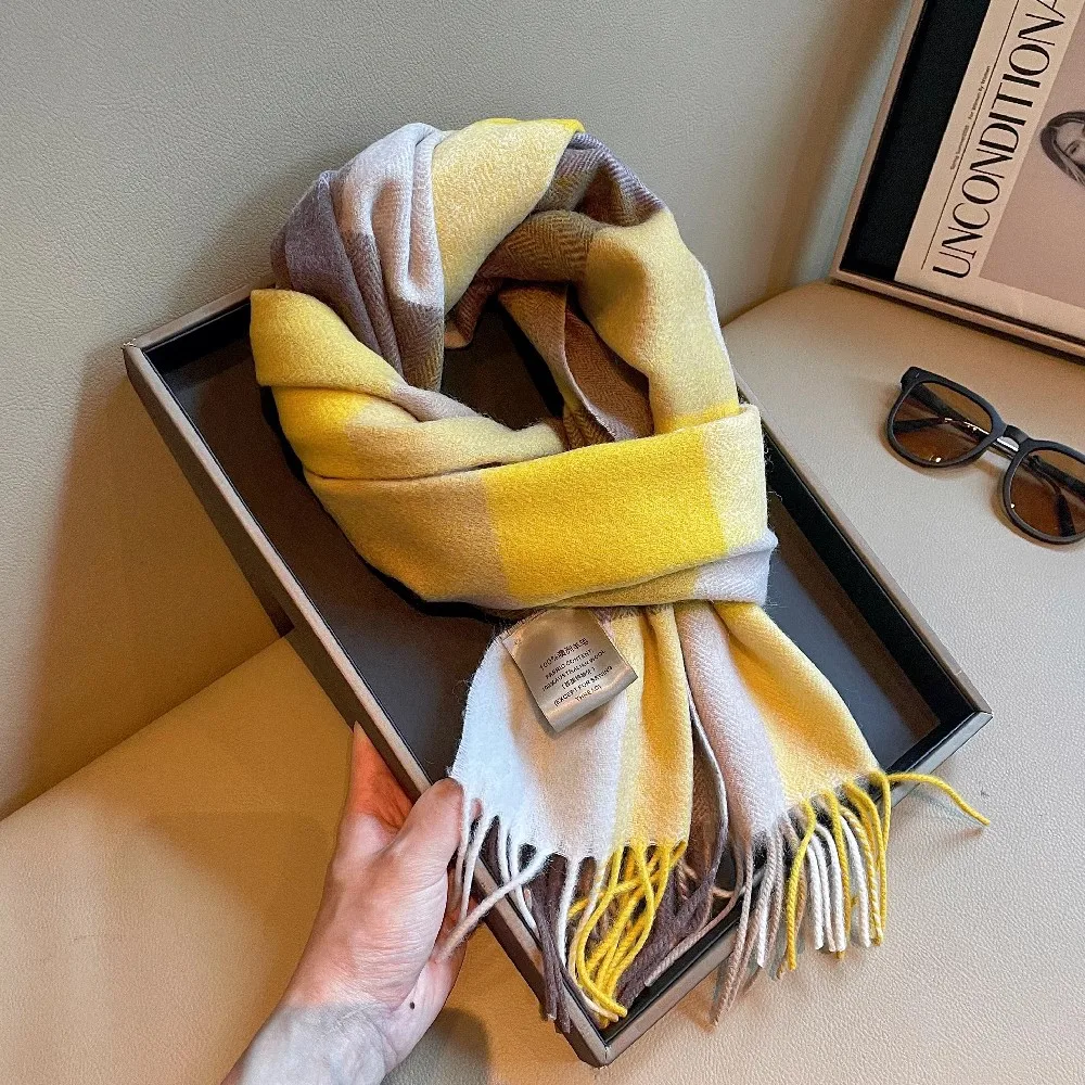 

Шарф из чистой шерсти женский Зимний новый классический желтый клетчатый теплый прямоугольный шарф с кисточками 180*33 шарф шаль