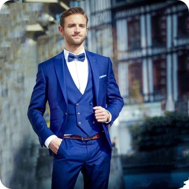 

Handsome Royal Blue Peak Lapel Men Suit 1 Button Costume Homme Tuxedo Prom Wedding Groom Blazer Terno Masculino Slim Fit 3 Pcs