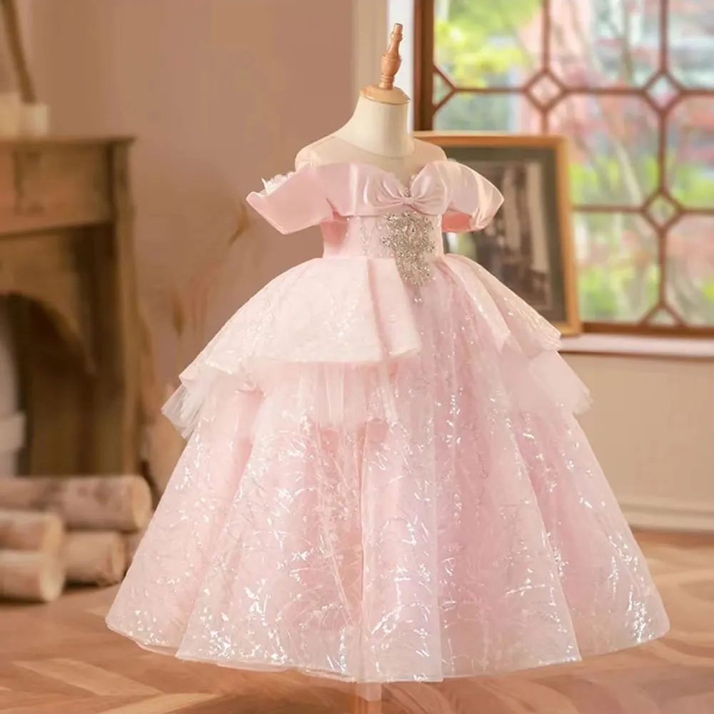 

Jill Wish Elegant Arabic Pink Girl Dress Sequined Dubai Kids Princess Birthday Wedding Party First Communion Ball Gown 2024 J221