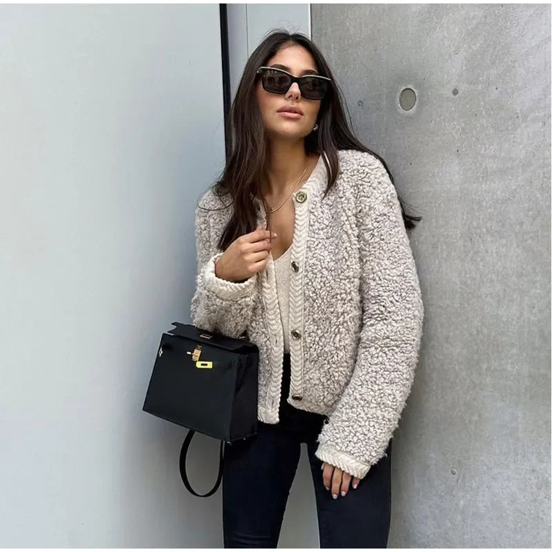 Lamb Wool Women Coat O-neck Long Sleeve Single Breasted Female Short Jacket, Autumn Winter Fashion, Loose Lady Outwear 17 Mallzona S36e71585cf254bd0a0f57961f89ce872G Lamb Wool Women Coat O-neck Long Sleeve Single Breasted Female Short Jacket, Autumn Winter Fashion, Loose Lady Outwear Mallzona