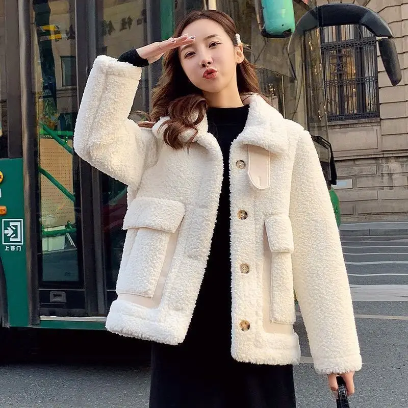 

Lambswool Jacket Women Overcoat Autumn Winter 2024 New Korean Thick Parka Female Short Outwear Elegant Slim Single-Breasted Tops