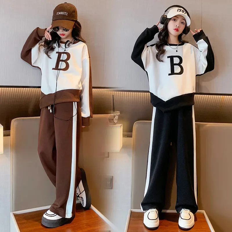 

Autumn Girls' New Fashion Letter Splice Pullover Long Sleeve Sweater+Striped Pants Youth Spring Leisure Sports Two Piece Set