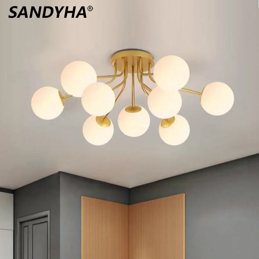 

Люстра в скандинавском стиле, потолочный светильник с лампочками в виде молочного белого стеклянного шара для гостиной, спальни
