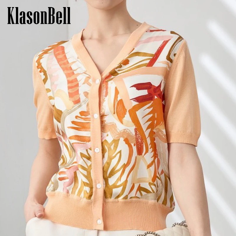 

5.7 KlasonBell Elegant Comfortable Silk Print Spliced Short Sleeve Knit Cardigan Fit Women V-Neck Single Breasted Top