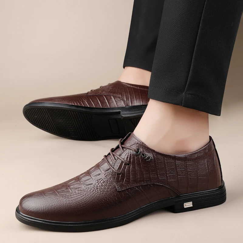 

Spring Fashion Genuine Leather Shoes for Men Lace Up Crocodile Texture Oxfords Gentleman's Stylish Office Business Casual Shoes