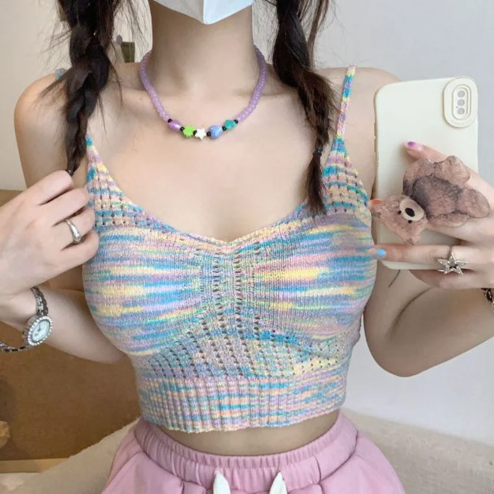 

European American Colorful Knitted Camisole With Breast Pads For Women Summer New Pure Lust Sexy Vest High Waist Sleeveless Top