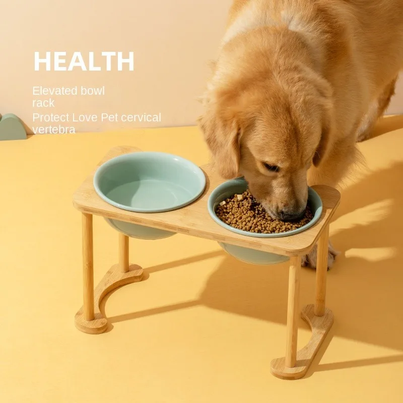

Big Dogs Dining Table Elevated Pet Double Food Water Bowls with Wooden Stand Medium Dog Drinking Eating Feeding Feeders