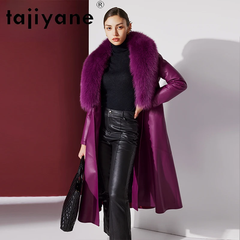 

Tajiyane Top Real Sheepskin Leather Jacket Women Warm Winter Long White Goose Down Coats Luxury Fox Fur Collar Purple Parkas