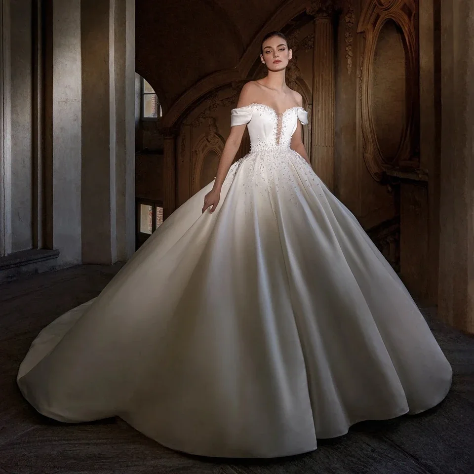

On Zhu/роскошное Атласное Бальное Платье с v-образным вырезом и жемчугом, свадебные платья 2024, платье принцессы с открытыми плечами, Vestido de Noiva, свадебное платье на молнии