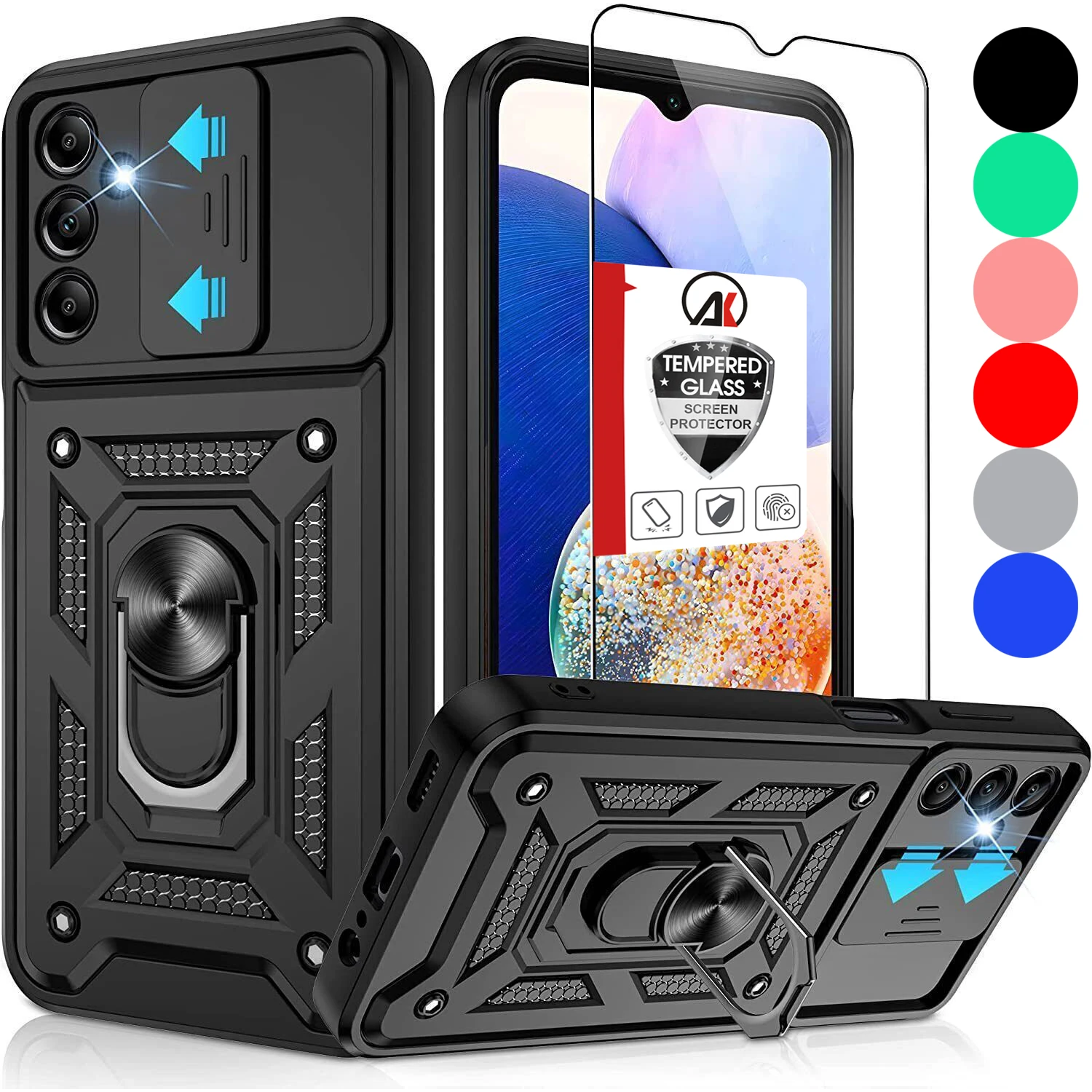 

For Samsung Galaxy A15 5G/4G/A05s/Galaxy A25/A35/A55 Case Magnetic Ring Stand Shockproof Armor+Camera Lens Cover+Tempered Glass