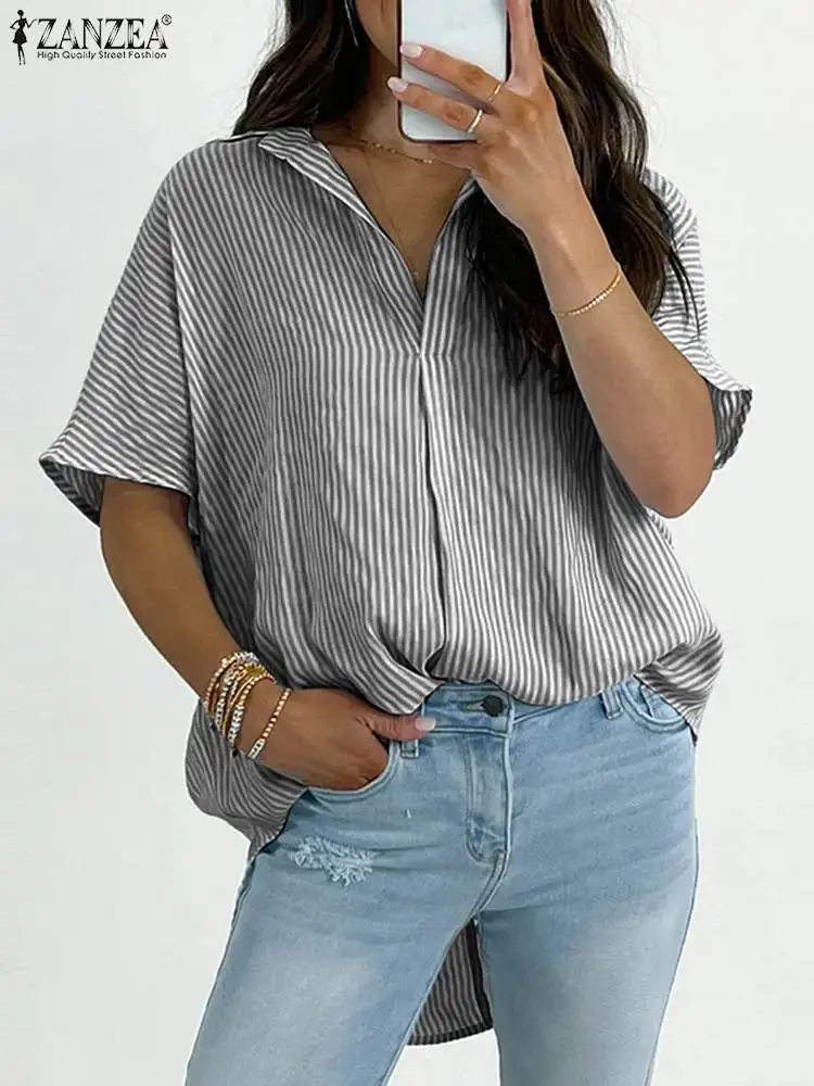 

ZANZEA Summer Casual Blouse Office Short Sleeve Tunic Top Women Lapel Neck Shirt Loose Fashion Striped Oversize High Low Camisas