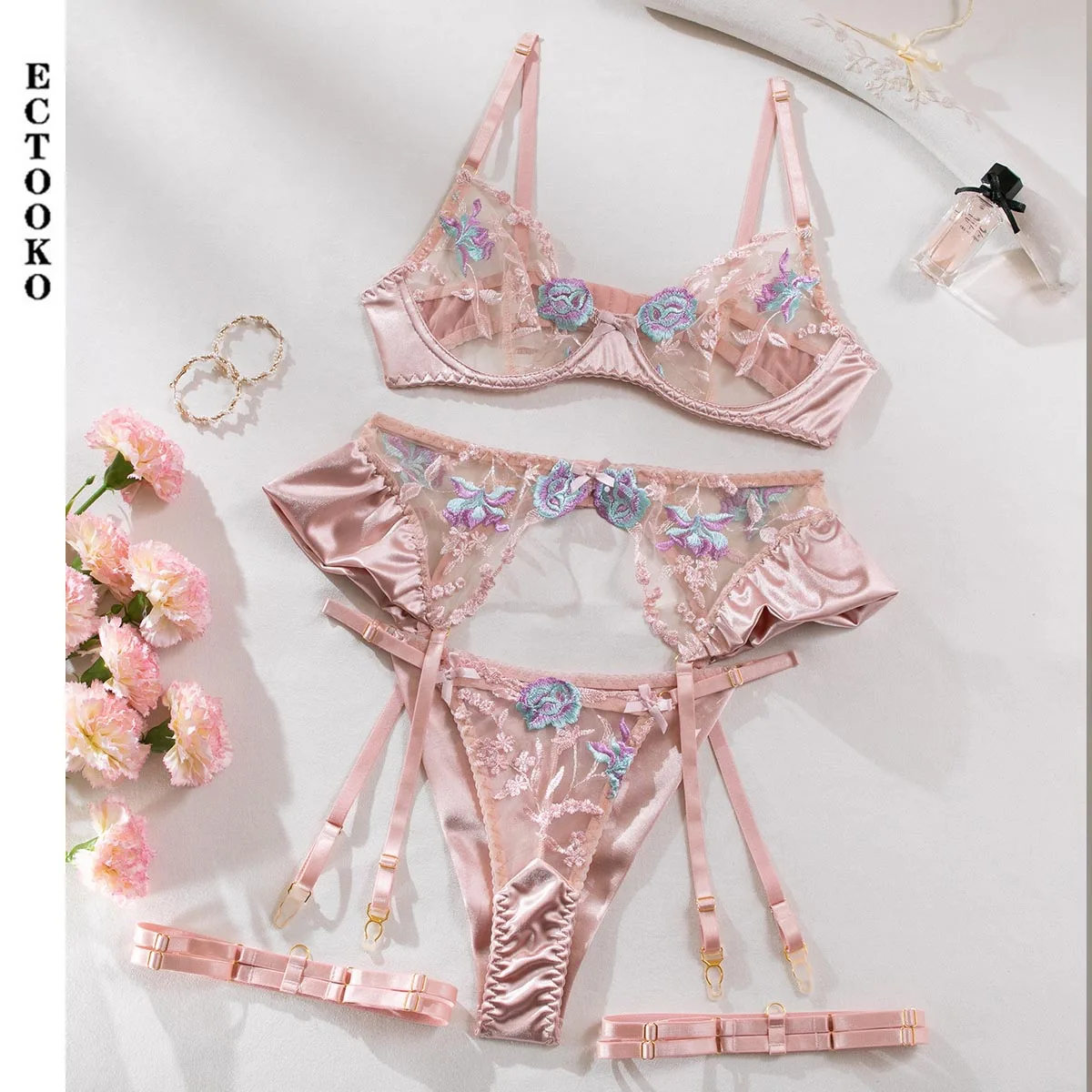 

ECTOOKO Transparent Lace Sexy Fantasy Underwear Attractive Pushup Bra Outfits Ruffle Erotic Lingerie Floral Intimate Set