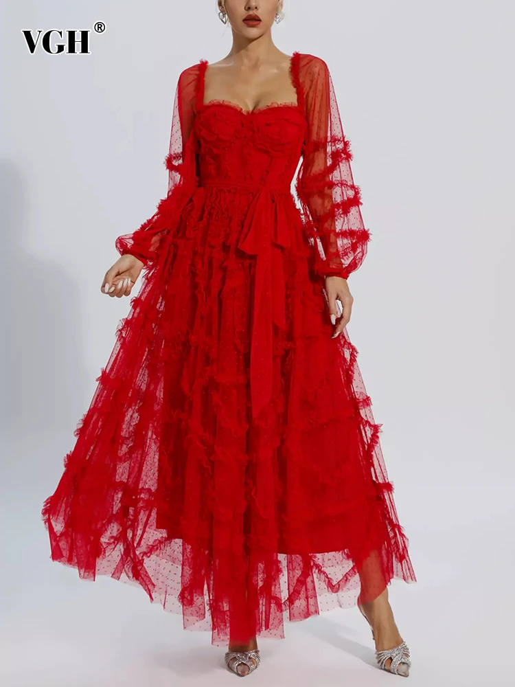 VGH Patchwork Lace Up Solid Elegant Dresses For Women Square Collar Lantern Sleeve High Waist Spliced Sheer Mesh Dress Female 
VGH Patchwork Lace Up Solid Elegant Dresses For Women Square Collar Lantern Sleeve High Waist Spliced Sheer Mesh Dress Female