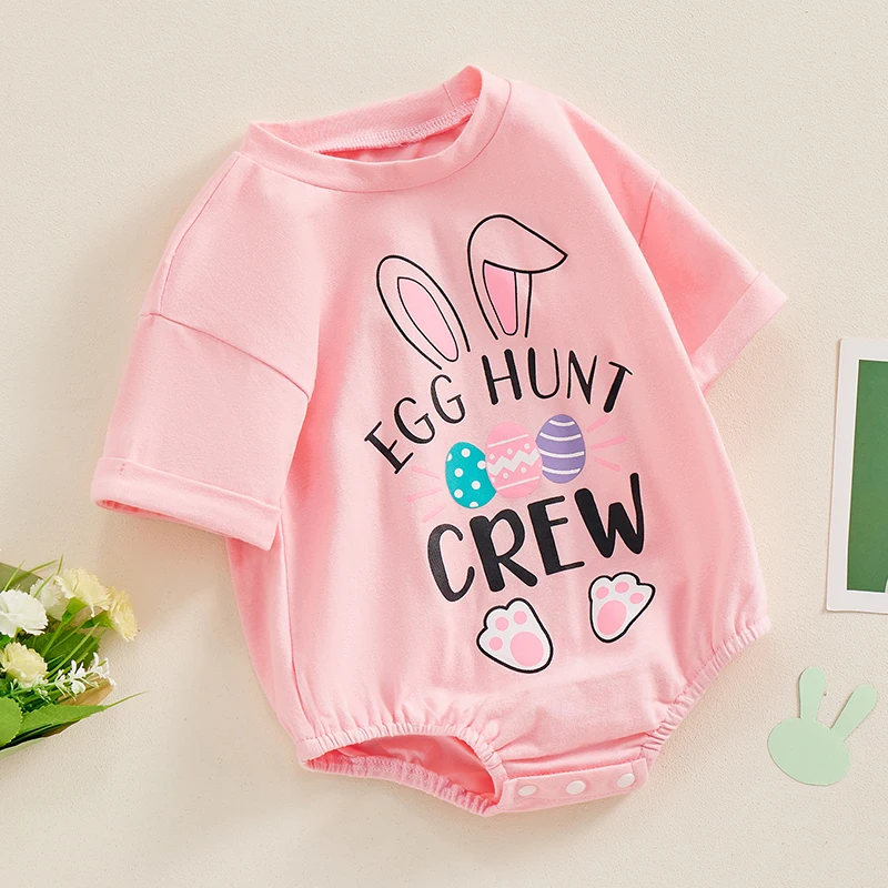 

Baby Boy Girl Easter Outfit Hunny Bunny Embroidery Short Sleeve T-Shirt Romper Oversized Pullover Bodysuit
