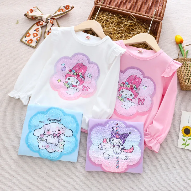 

2024 My Melody Girls T-Shirt Sanrio Kawaii Anime Kuromi Cinnamoroll Long Sleeve Summer Sweet Cute Cartoon Babys Tops Kid Gift
