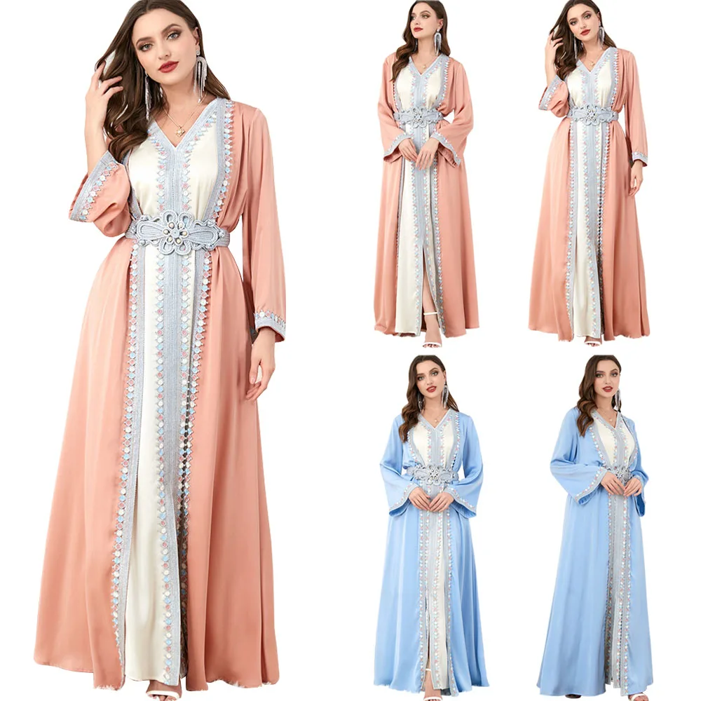 

Elegant Casual Women's Dresses Abayas For Women Muslim 2 Pieces Set Floral Embroidery Guipure Lace Insert Belted Kaftan Ramadan