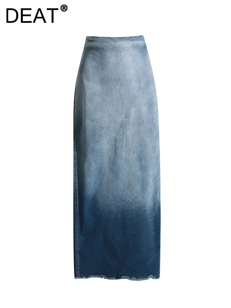

DEAT Women's Denim Skirt High Waist Gradient Blue Slim Wrap Hip Split Washed Burrs Long Skirts 2024 Summer New Fashion 29L7046
