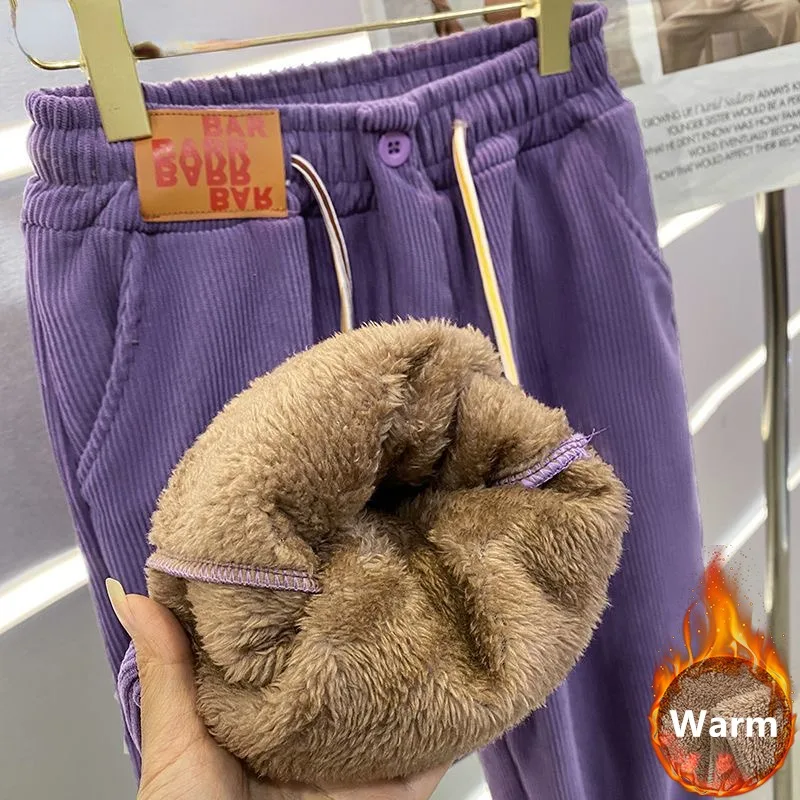 

Plush Velvet High Waist Pantalones 95cm Spodnie Winter Lambwool Lined Sweatpants Women Casual Thicken Warm Jogger Harem Pants