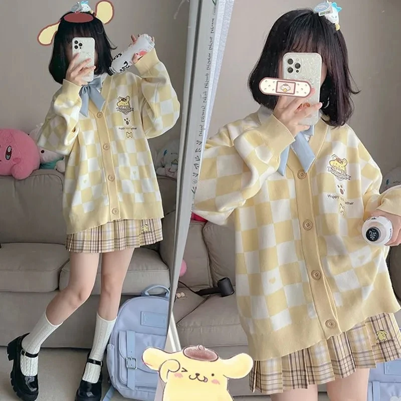Sanrio Pompom Purin Plaid Coat Cute My Melody Kuromi Cinnamoroll Autumn Winter Kawaii Girl Sweater Casual Jacket Sweater Present
Sanrio Pompom Purin Plaid Coat Cute My Melody Kuromi Cinnamoroll Autumn Winter Kawaii Girl Sweater Casual Jacket Sweater Present