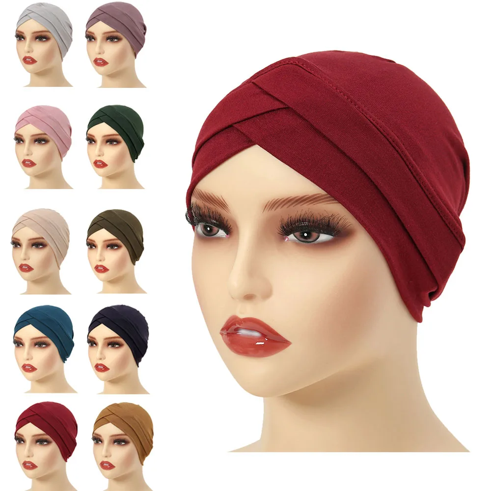 

Criss Crossed Muslim Turban Pure Color Underscarf Stretch Inner Hijabs For Caps Ready To Wear Women Head Scarf Under Bonnet