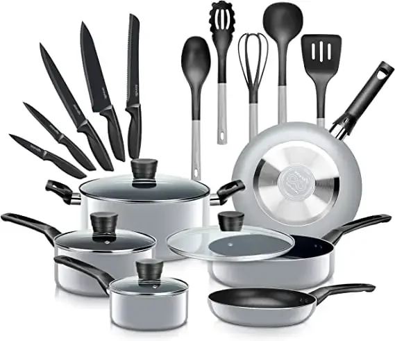 

20-Piece Set Gray Kitchenware Pots & Pans Cookware, Black Non-Stick Coating Inside