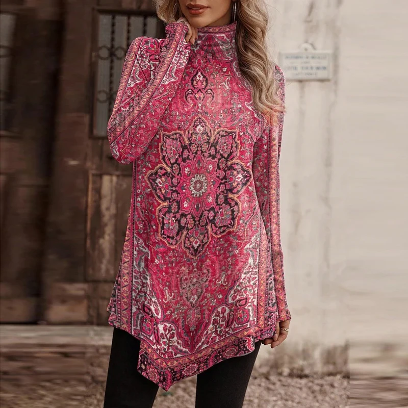 

Women Vintage Ethnic Style Print Long Sleeve High Collar Asymmetrical T Shirt Autumn Winter Ladies Elegant Fashion Pullover Tops