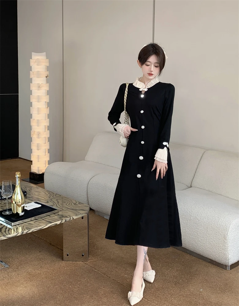 Elegant Velvet Long Mini Dress For Women Large Size Spring Autumn Female Stand Collar Long Sleeve Black Single-breasted Vestidos
Elegant Velvet Long Mini Dress For Women Large Size Spring Autumn Female Stand Collar Long Sleeve Black Single-breasted Vestidos
