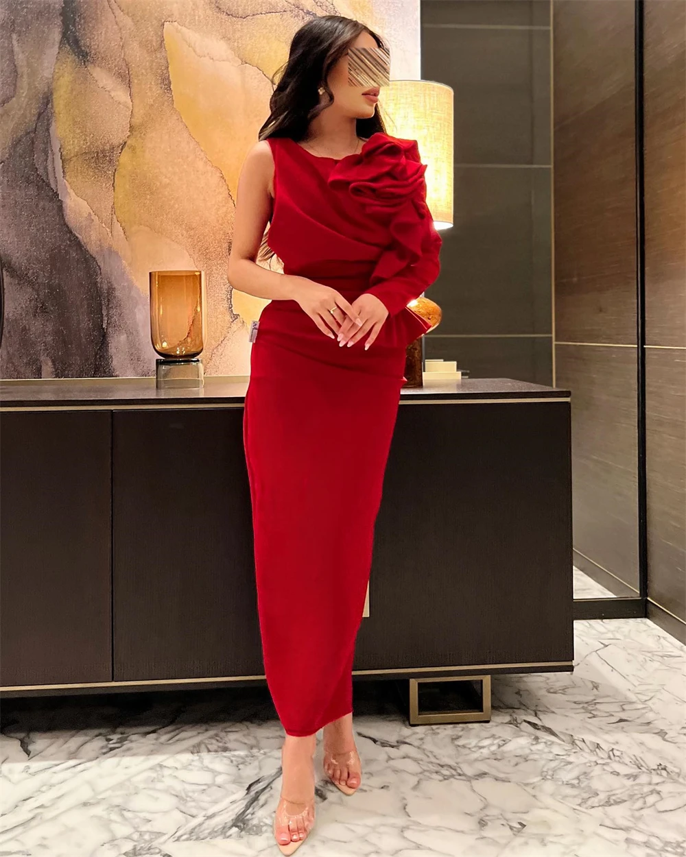 

Prom Dresses Fashion O-Neck Sheath Ruched Celebrity Dress Long Sleeve Tank Slit Ankle Length Formal Evening Gowns فساتين الحفلات