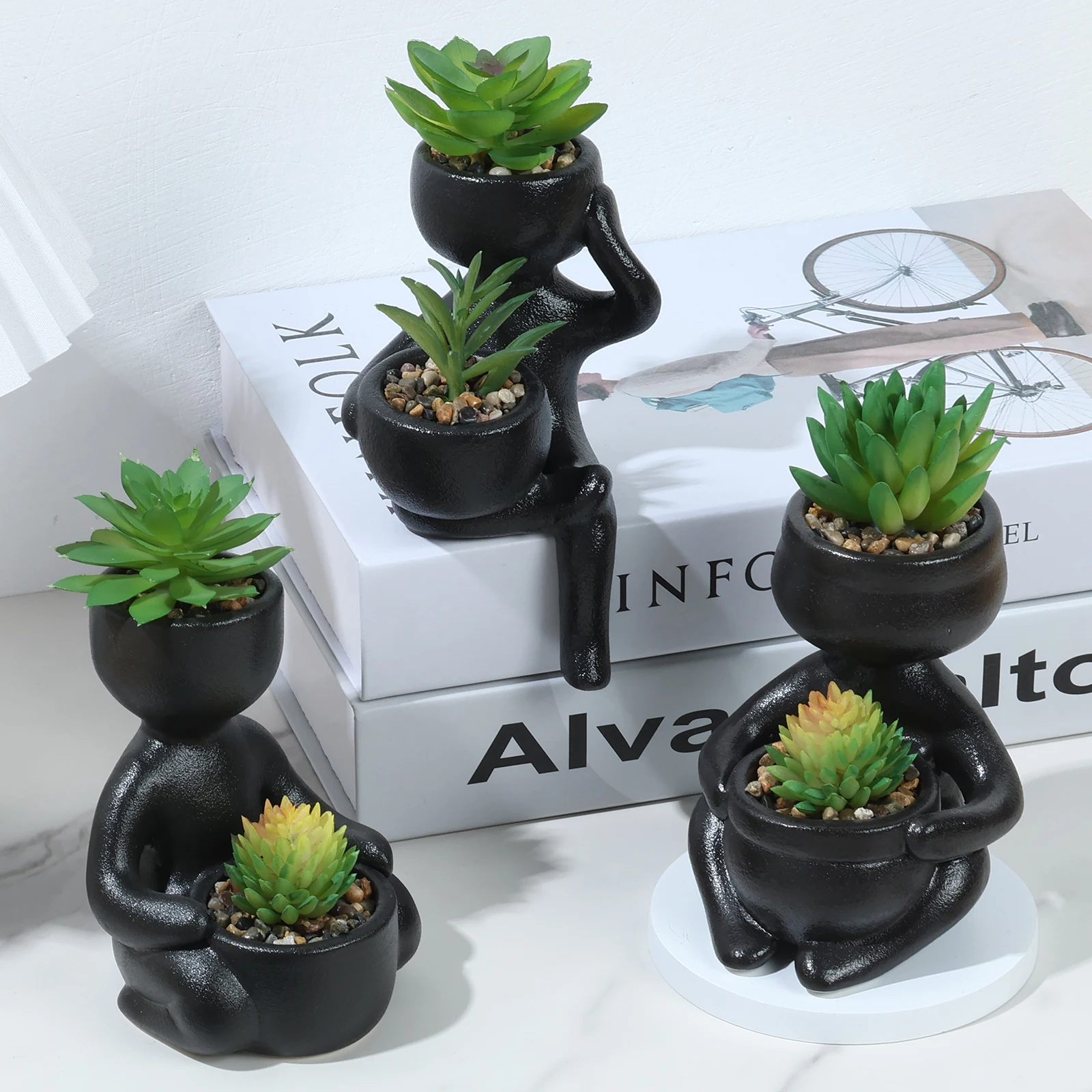 

3Pcs Artificial Mini Potted Succulents Human-Shaped Potted Artificial Plant Mini Fake Succulent Plants with Ceramic Planter Pots