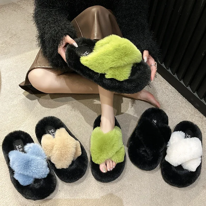 

Summer Fluffy Fur Slippers Shoes Women Real Fox Flip Flop Flat Furry Slides Outdoor Sandals Indoor