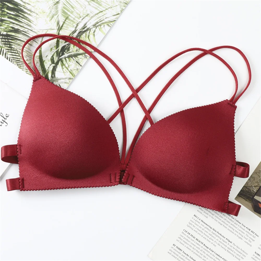 

Sexy Front Buckle Korean Version Women's Bra Versatile, Beautiful Back, Crossed Thin Shoulder Straps, Gathered Bra Bra