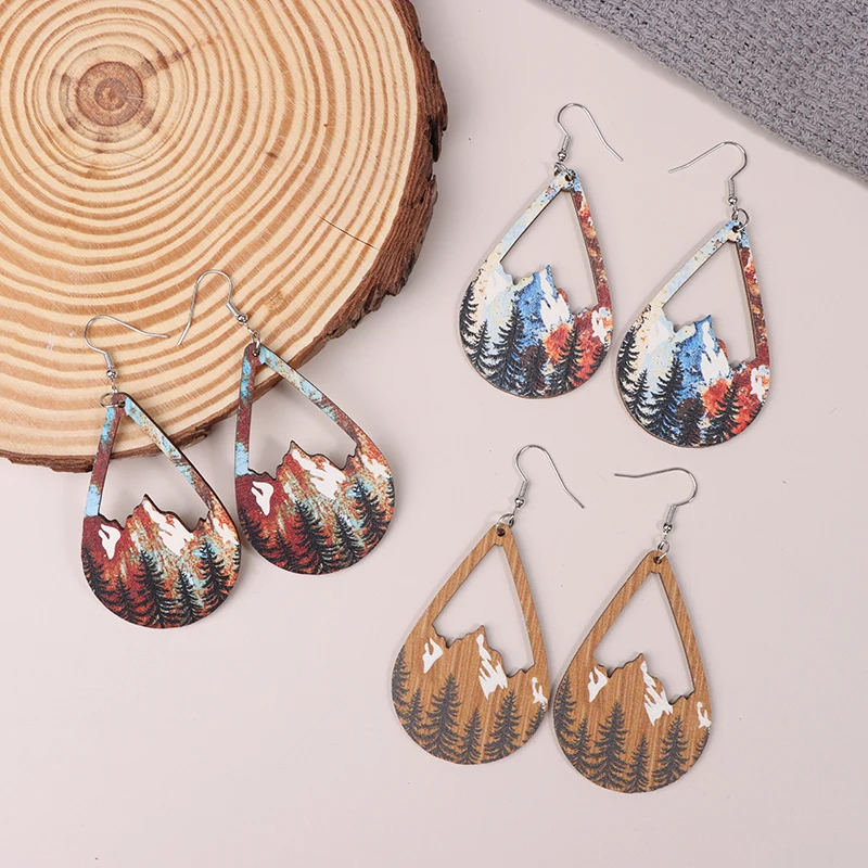 

Snow Mountain And Forest Wood Teardrop Earrings For Women Wooden Earring Jewelry