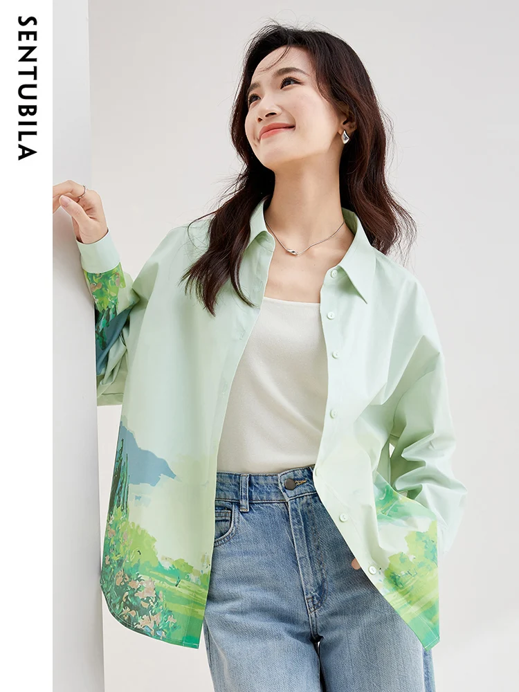

SENTUBILA Contrast Printed Fashion Shirts for Women 2024 Casual Loose Fit Drop Sleeve Button Up Shirts & Blouse Cotton Blend Top
