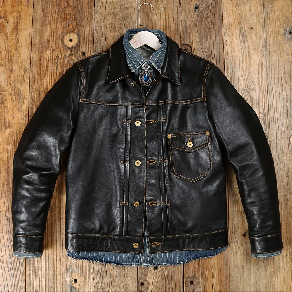 

YR!Free shipping.Classic casual denim 506XX type genuine leather jacket.Full Grain black tanned Calfskin coat.popular Japanese